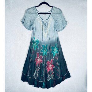 Vintage Y2k Dress Womens L Floral Embroidered Midi Corset Neck Fairycore Cottage
